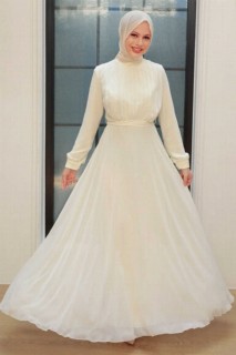 Wedding & Evening - Ecru Hijab Evening Dress 100340548 - Turkey