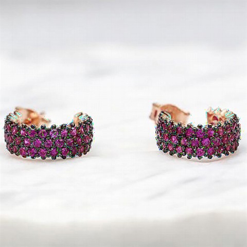 Earrings - Three Rows of Purple Stone Women's Silver Earrings 100347319 - Turkey