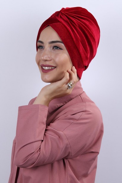 Woman Bonnet & Hijab - Velvet Nevru Bonnet Rot - Turkey