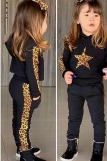Girl Leopard Pattern Star Detailed Long Sleeve Black Tracksuit Suit 100328629
