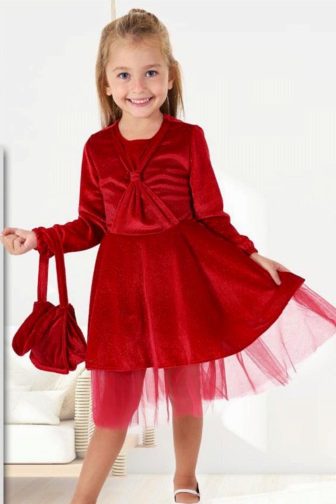Girl Clothing - فستان بناتي بفيونكة أحمر منتفخ مع حقيبة 100327154 - Turkey
