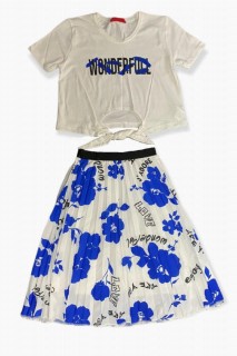 Kids - Jupe plissée bleue à fleurs avec texte pailleté pour fille 100327255 - Turkey