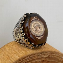 Amber Stone Cornered Hz. Seal of Solomon Motif Sterling Silver Men's Ring 100348738