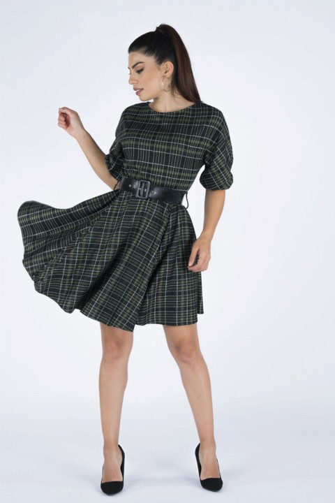 Daily Dress - Women's Checked Patterned Waist Belt Dress 100326311 - Turkey