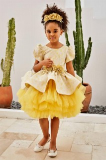 Girl Clothing - Girl's Fluffy Flower Embroidered and Waist Brooch Watermelon Sleeve Yellow Evening Dress 100327764 - Turkey