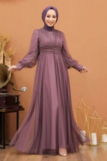 Woman Clothing - Dark Lila Hijab Evening Dress 100336522 - Turkey
