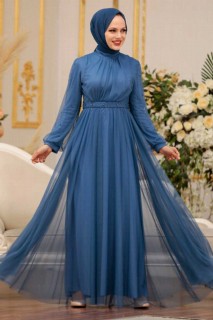Evening & Party Dresses - İndigo Blue Hijab Evening Dress 100339079 - Turkey