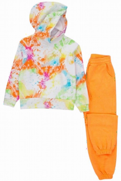 Tracksuits, Sweatshirts - Girl Mixed Paint Printed Orange Tracksuit Set 100326920 - Turkey