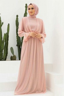 Woman - Salmon Pink Hijab Evening Dress 100339519 - Turkey