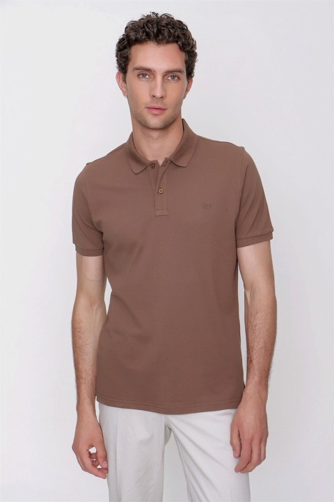 Men's Light Brown Basic Plain 100% Cotton Dynamic Fit Comfortable Fit Short Sleeve Polo Neck T-Shirt 100351363