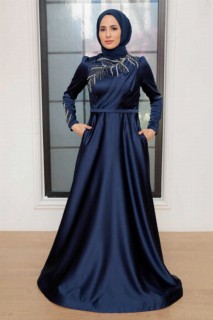 Wedding & Evening - Navy Blue Hijab Evening Dress 100341026 - Turkey