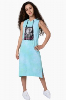 Outwear - Girl Jeremyscott Printed Zero Sleeve Hooded Rope Detailed Turquoise Dress 100328577 - Turkey