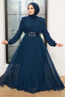 Evening & Party Dresses - Navy Blue Hijab Evening Dress 100341232 - Turkey