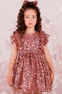 Girl's Sleeves Frilly Lace Embroidered Sequin Detailed Powder Evening Dress 100328733