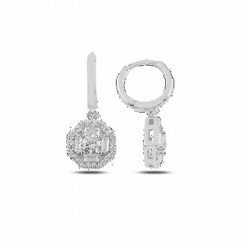 jewelry - Octagonal Piece Baguette Stone Silver Earring 100347088 - Turkey