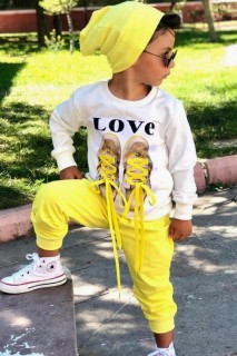Boys Girls LOVE And Shoe Printed Rope Detailed Yellow Tracksuit Set 100328633