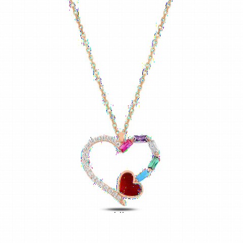 Necklaces - Heart Model Baguette Stone Silver Necklace 100347633 - Turkey