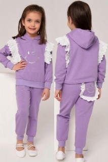 Girls' Lace Embroidered Hooded Smile Lilac Tracksuit Set 100328624