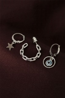 Earrings - Evil Eye Beaded Silver Color Metal Star Detailed Multiple Earrings 100319580 - Turkey