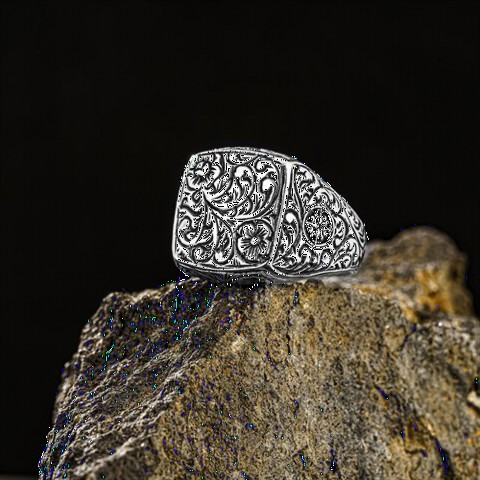 Square Pen Embroidered Silver Ring 100349437