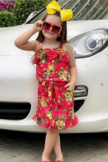 Girl Clothing - Girl's New Floral Printed and Button Detailed Red Skirt Suit 100328233 - Turkey