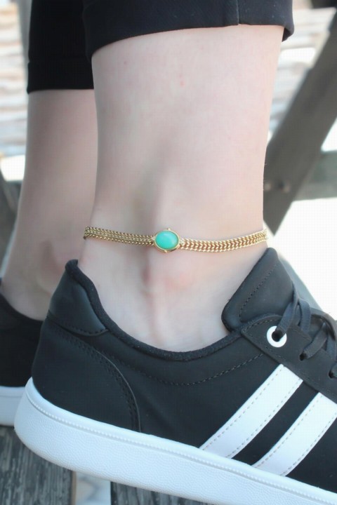 Anklet - Water Green Bead Steel Gold Color Chain Anklet 100327689 - Turkey