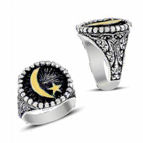 Moon Star Rings - Round Moon Star Motif Ottoman Patterned Sterling Silver Men's Ring 100349068 - Turkey