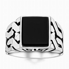 Black Onyx Square Stone 925 Sterling Silver Men's Ring 100346367