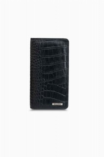 Guard Phone Entry Croco Patterned Black Leather Unisex Wallet 100346066