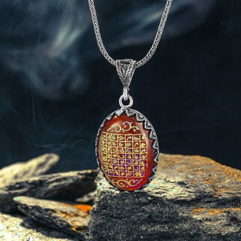 Necklace - Red Agate Engraved Manuscript Celceluti Vefki Silver Necklace 100350343 - Turkey