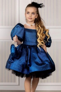 Kids - Girl's Pearl Necklace and Bag Balloon Sleeve Shining Blue Evening Dress 100328096 - Turkey