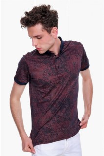 Men's Dark Claret Red Print Pattern Buttoned Polo Neck No Pocket Dynamic Fit Comfortable Fit T-Shirt 100351251