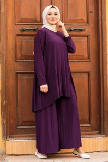 Woman Clothing - Dark Purple Hijab Dual Suit Dress 100338937 - Turkey
