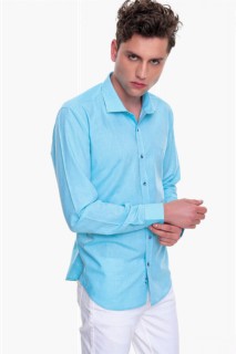 Men Turquoise 100% Cotton Slim Fit Slim Fit Straight Italian Collar Long Sleeve Shirt 100351244