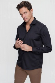 Shirt - قميص أسود للرجال ذو قصة ضيقة وأكمام طويلة وياقة صلبة بقصة ضيقة 100351304 - Turkey