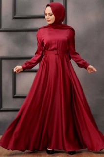 Claret Red Hijab Evening Dress 100337727