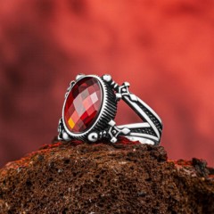Red Zircon Stone Sword Motif Sterling Silver Ring 100346393