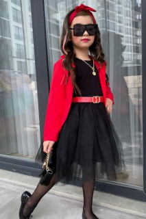 Girls' New Blazer Jacketed T-Shirt and Belt Red Fluffy Tulle Skirt Suit 100328293