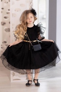 Girls Black Style Sleeves Fluffy Black Evening Dress 100328552