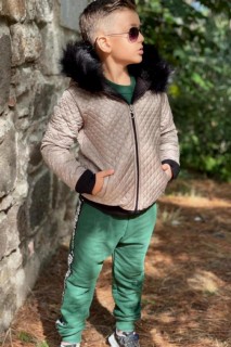 Boy's New Inner Fur Coat and Beret Stripe Detailed Green Tracksuit 100328076