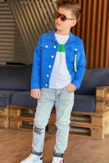 Suits - Boy's Merci Pocket Mascot Detailed Denim Jacket and Trousers 3-piece Blue Top and Bottom Set 100327401 - Turkey