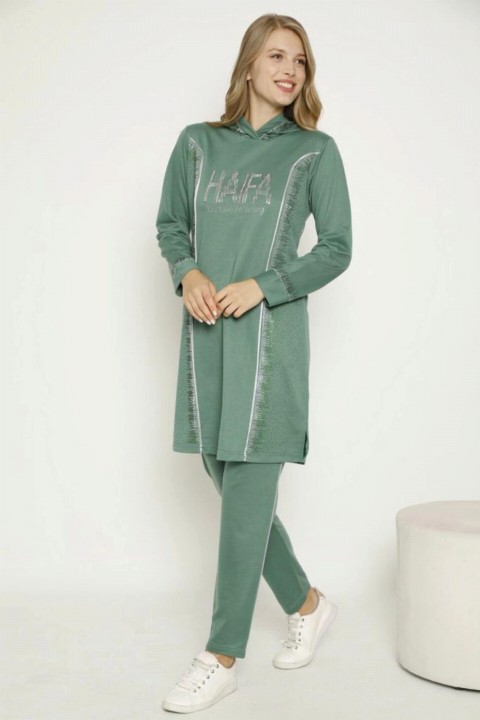 Pajamas - طقم بدلة رياضية بقلنسوة بتفاصيل من الأحجار للنساء 100342531 - Turkey