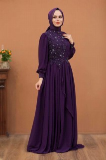 Wedding & Evening - Purple Hijab Evening Dress 100337452 - Turkey