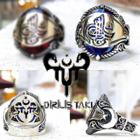Silver Rings 925 - Ottoman Tugra Gokturk Turkish Written Silver Men's Ring Blue 100349147 - Turkey