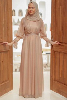 Woman - Biscuit Hijab Evening Dress 100339517 - Turkey