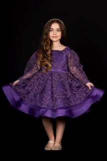 Evening Dress - Girl's Stone Embroidered Waistline and Cross-Tie Backless Plum Evening Dress 100328099 - Turkey
