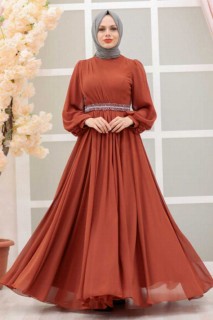 Evening & Party Dresses - Terra Cotta Hijab Evening Dress 100337655 - Turkey