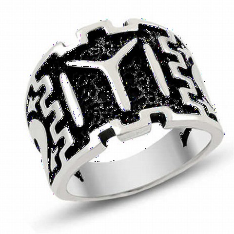 Others - Crescent and Star Model Silver Men's Ring With Kayı Length Symbol On Black Background 100348533 - Turkey