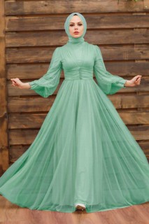 Wedding & Evening - Mint Hijab Evening Dress 100337581 - Turkey