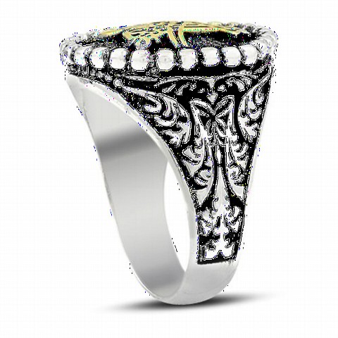 Silver Rings 925 - Ottoman Monogram Patterned Edges Sterling Silver Men's Ring 100348473 - Turkey